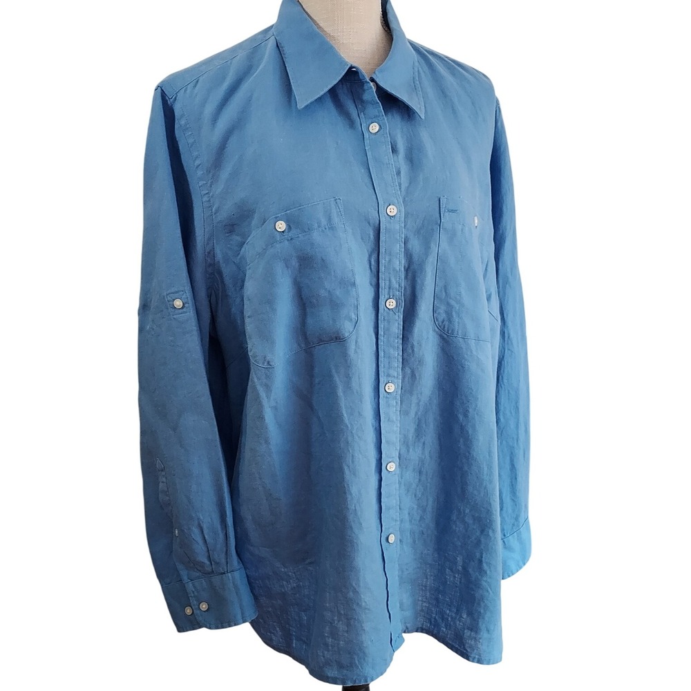 LAUREN RALPH LAUREN Women's Blue Linen Blend Long Sleeve Button Down Shirt 2X‎